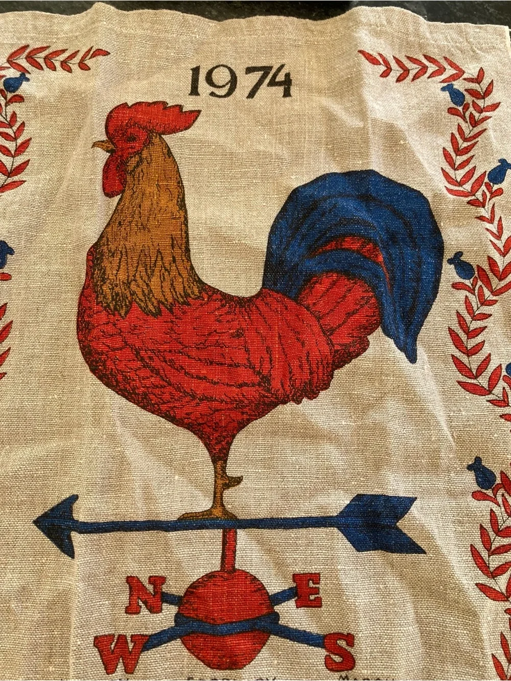 Vintage 1974 Linen Tea Towel Calendar with Large ROOSTER & Weathervane  EUC